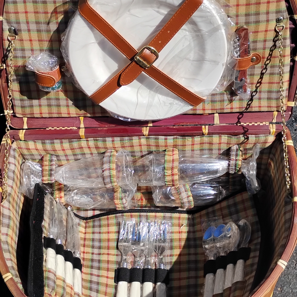 Plaid Picnic Basket with Utensils and Plates